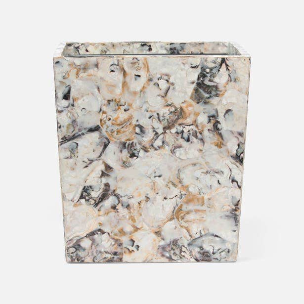 Pigeon & Poodle Tramore wastebasket, close-up of marbled shell inlay in ivory and taupe.