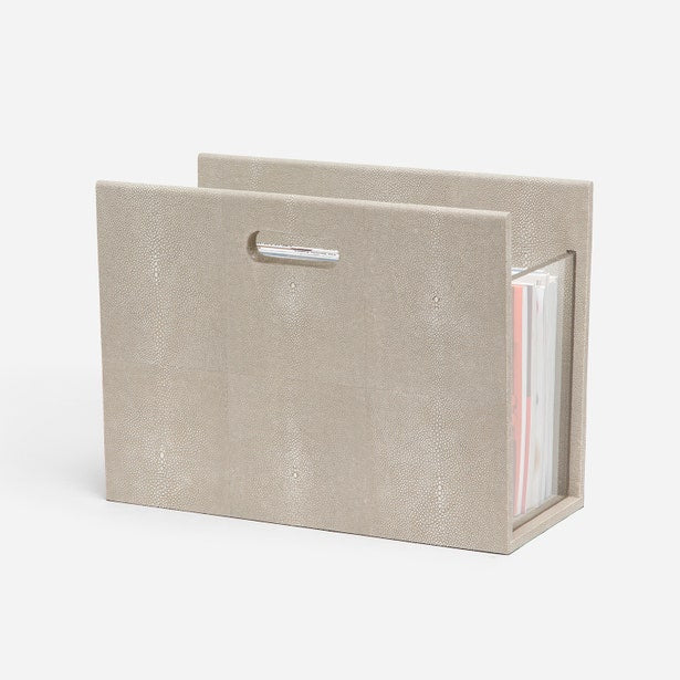 Pigeon & Poodle Turin magazine holder in taupe shagreen texture with silver handle.