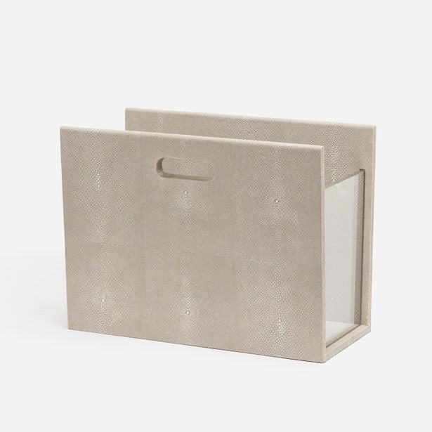 Pigeon & Poodle Turin magazine holder in ivory shagreen texture, side angle view.