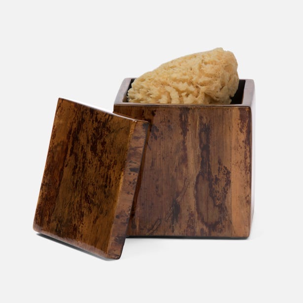 Pigeon & Poodle Varadero bath canister open with natural sea sponge, burl wood finish.