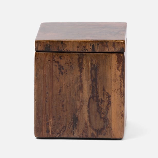 Pigeon & Poodle Varadero bath canister in warm brown tortoiseshell resin with lidded square form.