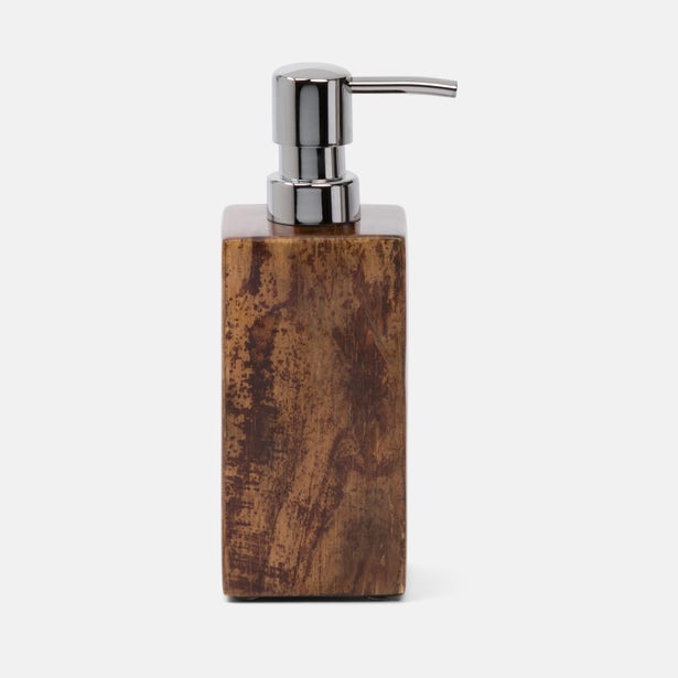 Pigeon & Poodle Varadero soap pump in mango wood with polished chrome dispenser head.