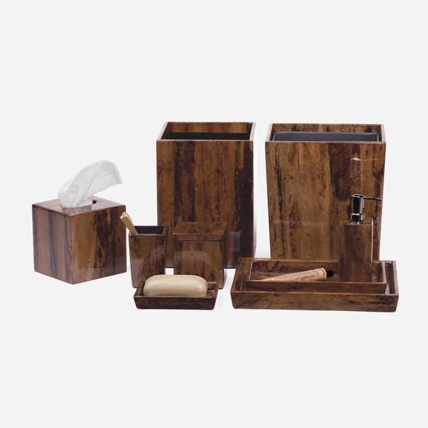 Pigeon & Poodle Varadero bath accessories set in tortoiseshell resin, seven-piece grouping.