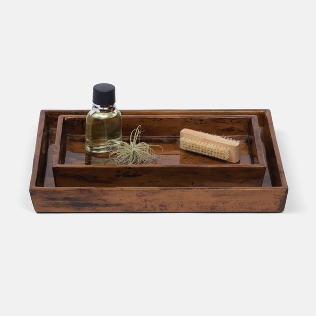 Pigeon & Poodle Varadero nesting tray set in warm walnut-toned wood, styled with botanicals.