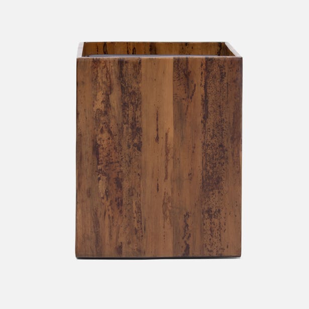 Pigeon & Poodle Varadero wastebasket in warm brown wood-grain finish, square form.