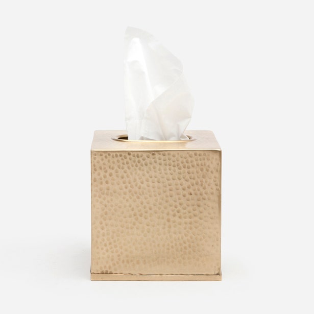 Pigeon & Poodle Verum tissue box in hammered brass finish with tissue pulled through top.