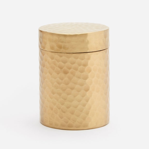 Pigeon & Poodle Verum bath canister in hammered gold finish with lidded cylindrical form.