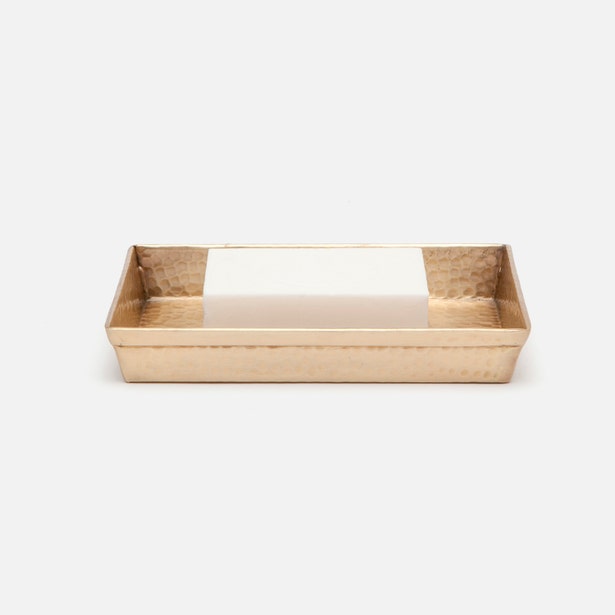 Pigeon & Poodle Verum soap dish in hammered brass with matte gold finish.