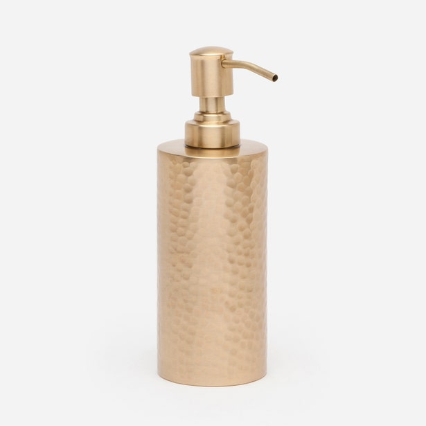 Pigeon & Poodle Verum soap pump in brushed brass with hammered texture cylinder body.
