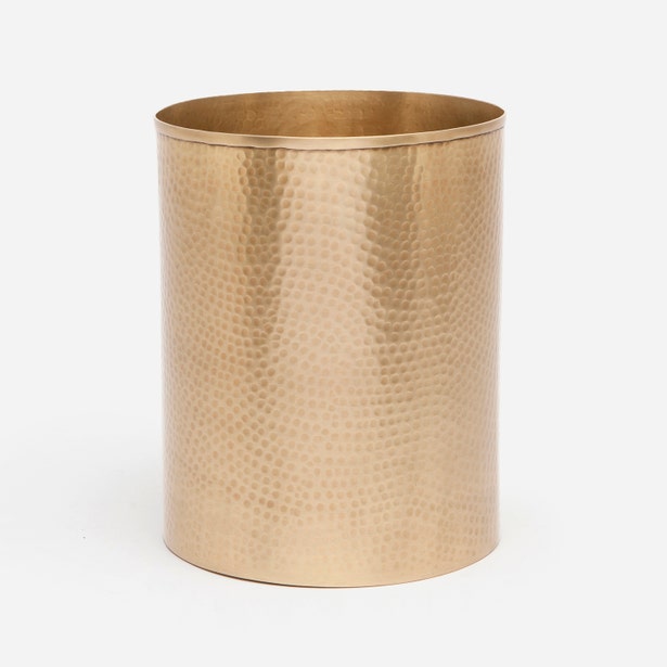 Pigeon & Poodle Verum wastebasket in hammered brass finish, cylindrical form.