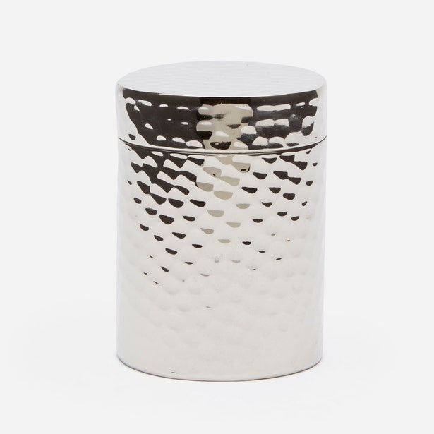 Pigeon & Poodle Verum bath canister in polished silver with hammered dimple texture.
