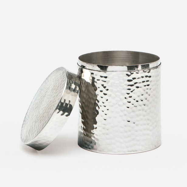 Pigeon & Poodle Verum bath canister with lid ajar, showing hammered nickel finish detail.