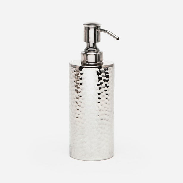 Pigeon & Poodle Verum soap pump in polished nickel with hammered texture detail.