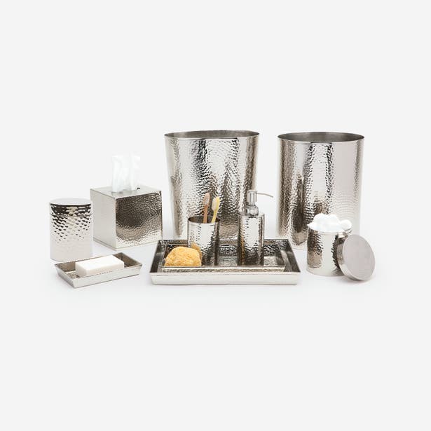 Pigeon & Poodle Verum hammered nickel bath accessory collection styled on white background.
