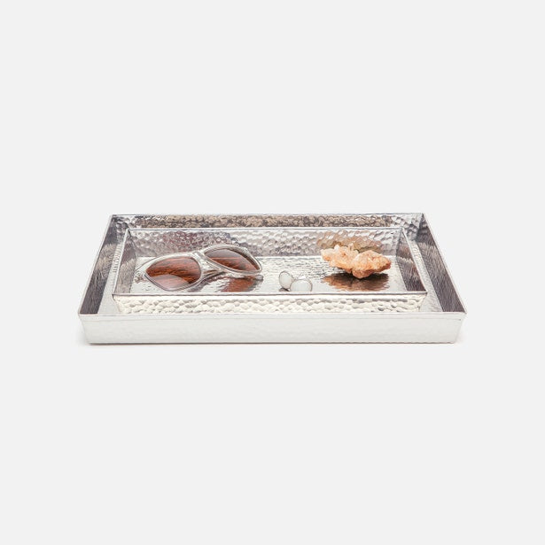Pigeon & Poodle Verum silver hammered tray styled with sunglasses and florals.