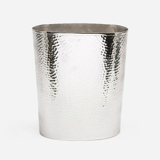Pigeon & Poodle Verum wastebasket in polished silver with hammered texture detail.