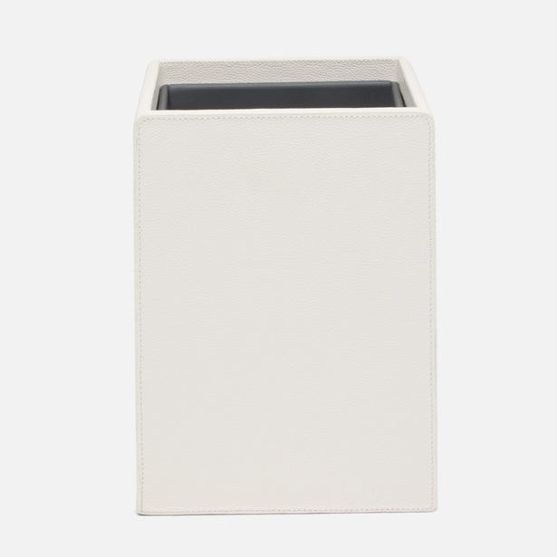 Pigeon & Poodle Victoria wastebasket in white textured leather with stitched edges.