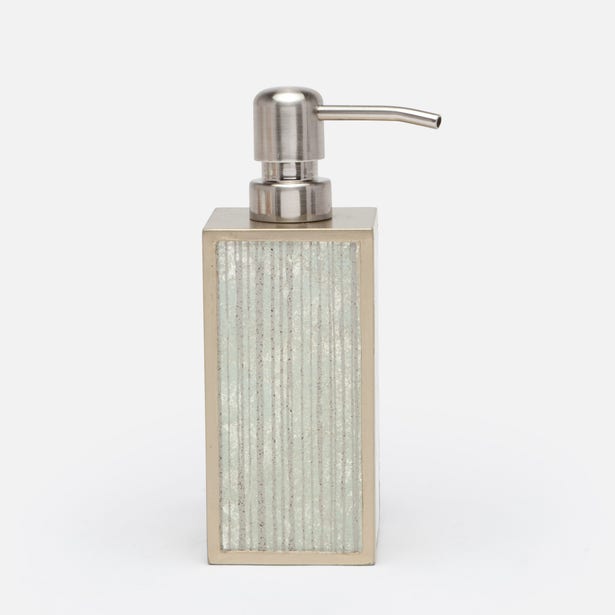 Pigeon & Poodle Waterford soap pump in ribbed glass with brushed nickel finish.