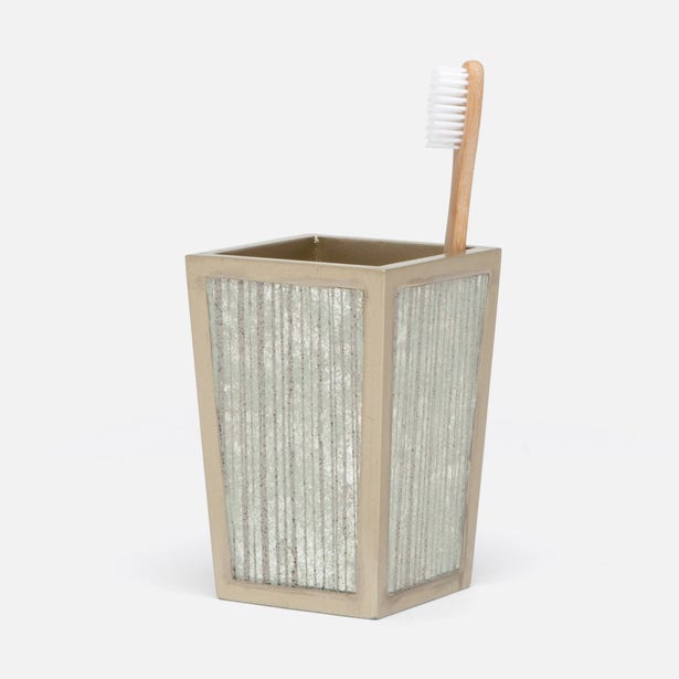 Pigeon & Poodle Waterford brush holder with ribbed glass panels and taupe resin frame.