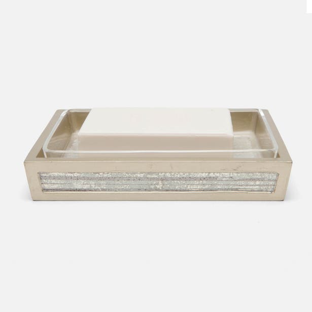 Pigeon & Poodle Waterford soap dish in champagne with crackled mirror mosaic trim detail.