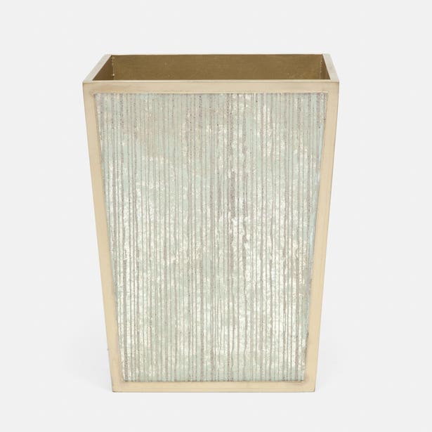 Pigeon & Poodle Waterford wastebasket with ribbed glass panels and champagne metal frame.