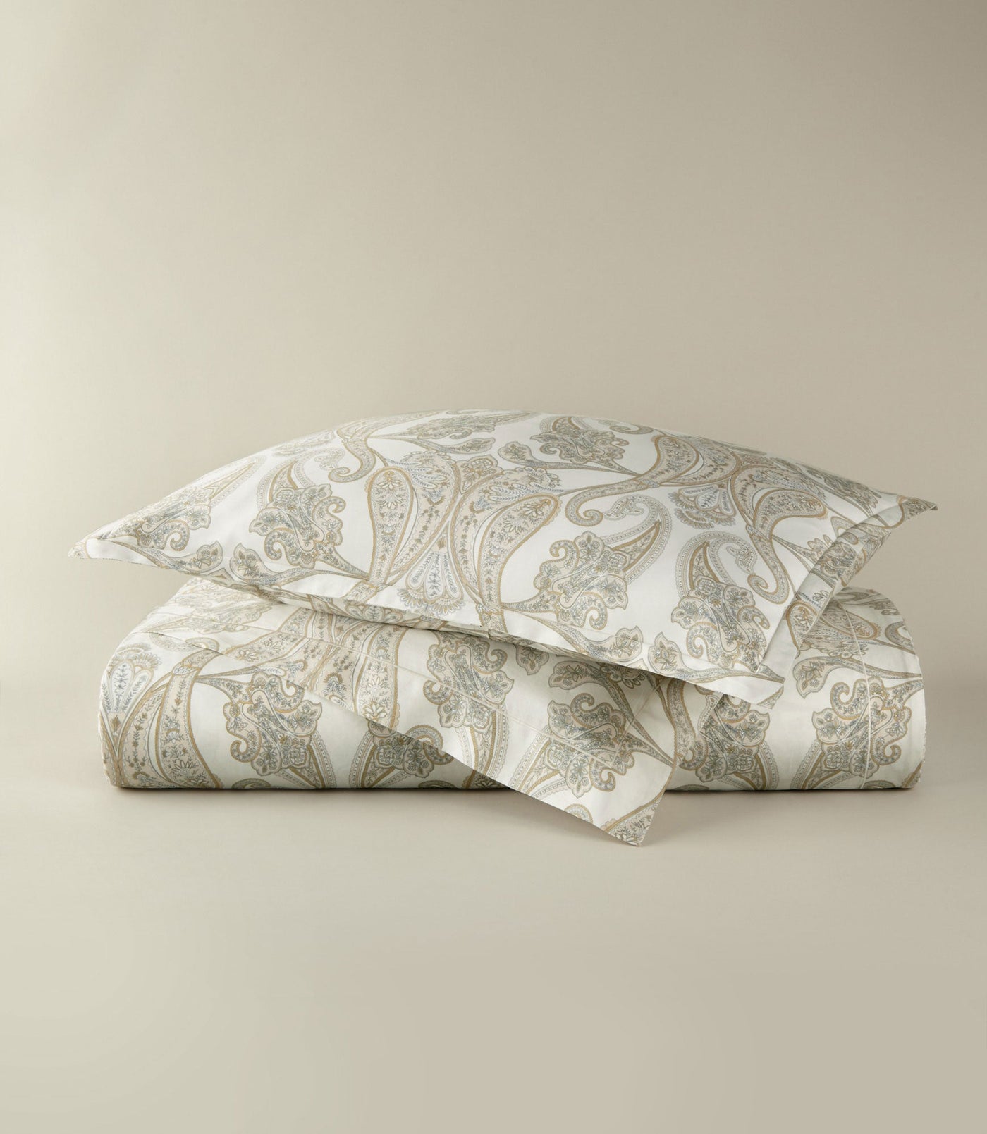 Peacock Alley Paisley Pearl duvet cover in ivory with sage and taupe paisley print.