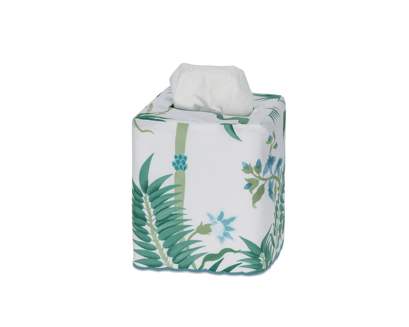 The Palmyra Tissue Box Cover by Matouk features green and blue leaf and flower patterns, bringing a tropical touch to any room while stylishly holding your tissues.
