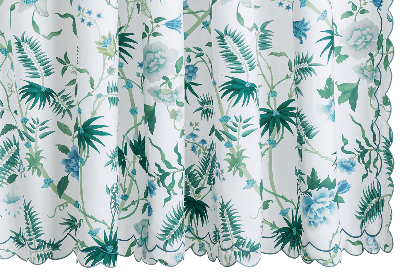 Floral and leaf patterned curtain with green and blue colors on a white background