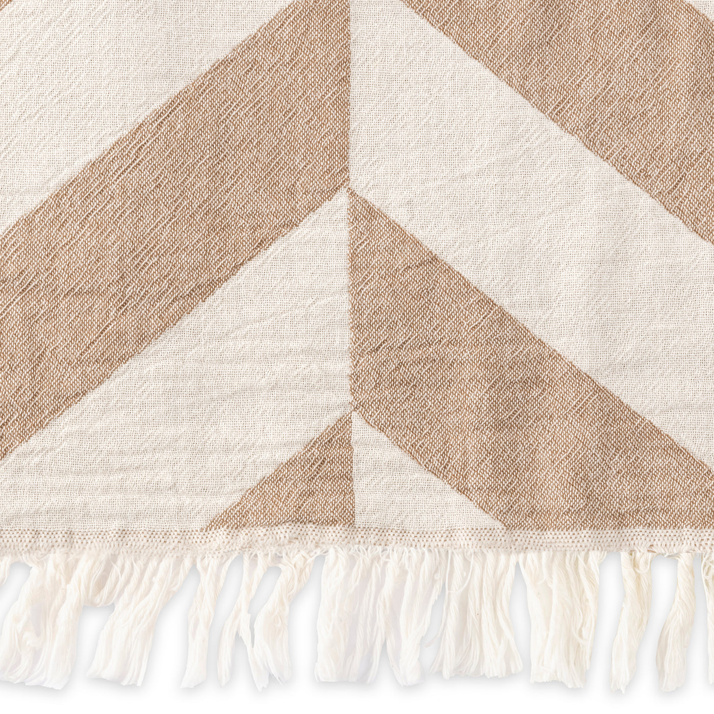 Close-up of the Matouk Paros | Beach Towel, showcasing a tan and white chevron pattern with white fringe along the bottom edge.