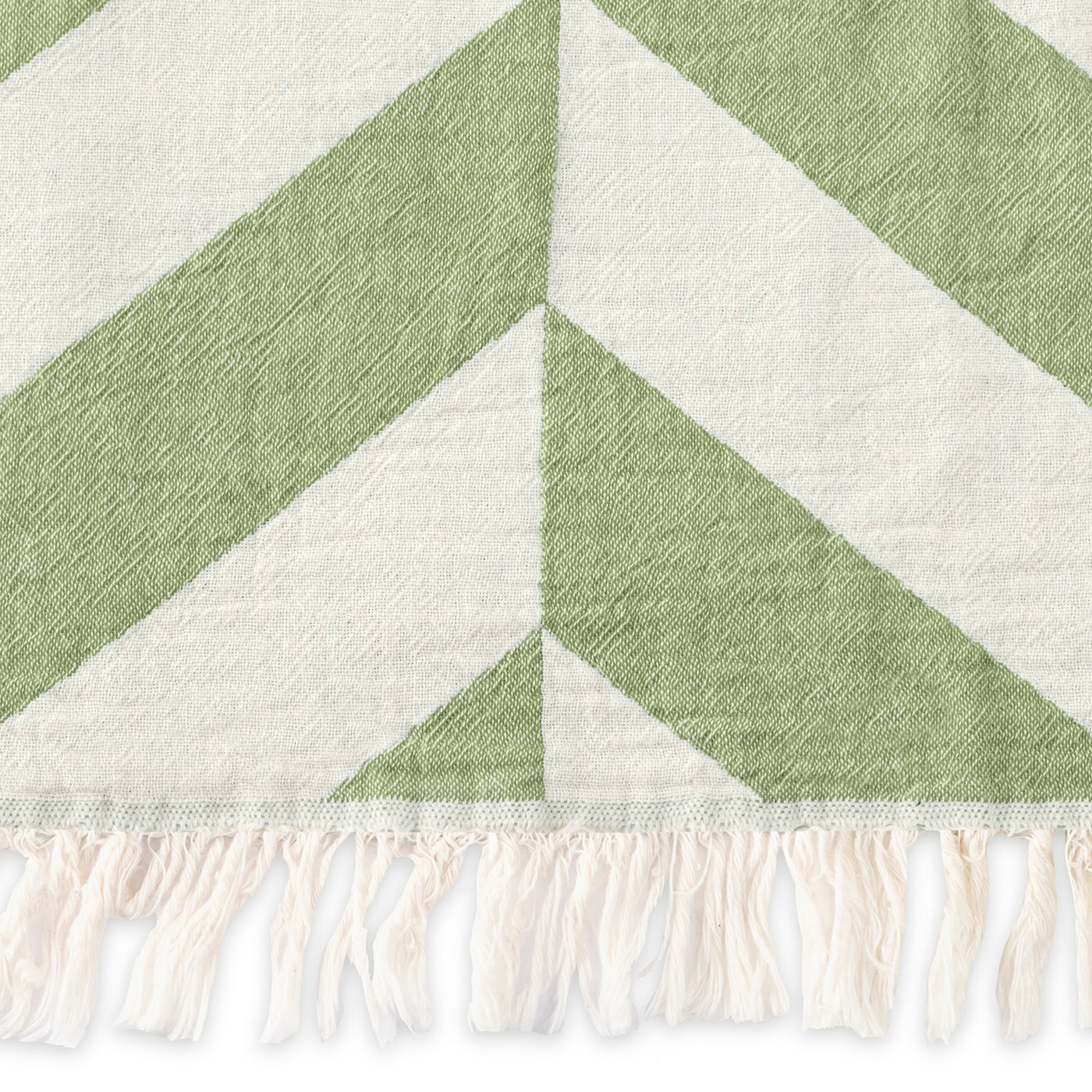 Close-up of the Matouk Paros | Beach Towel, featuring a green and white chevron weave and white fringe, highlighting its classic Fouta-inspired style.