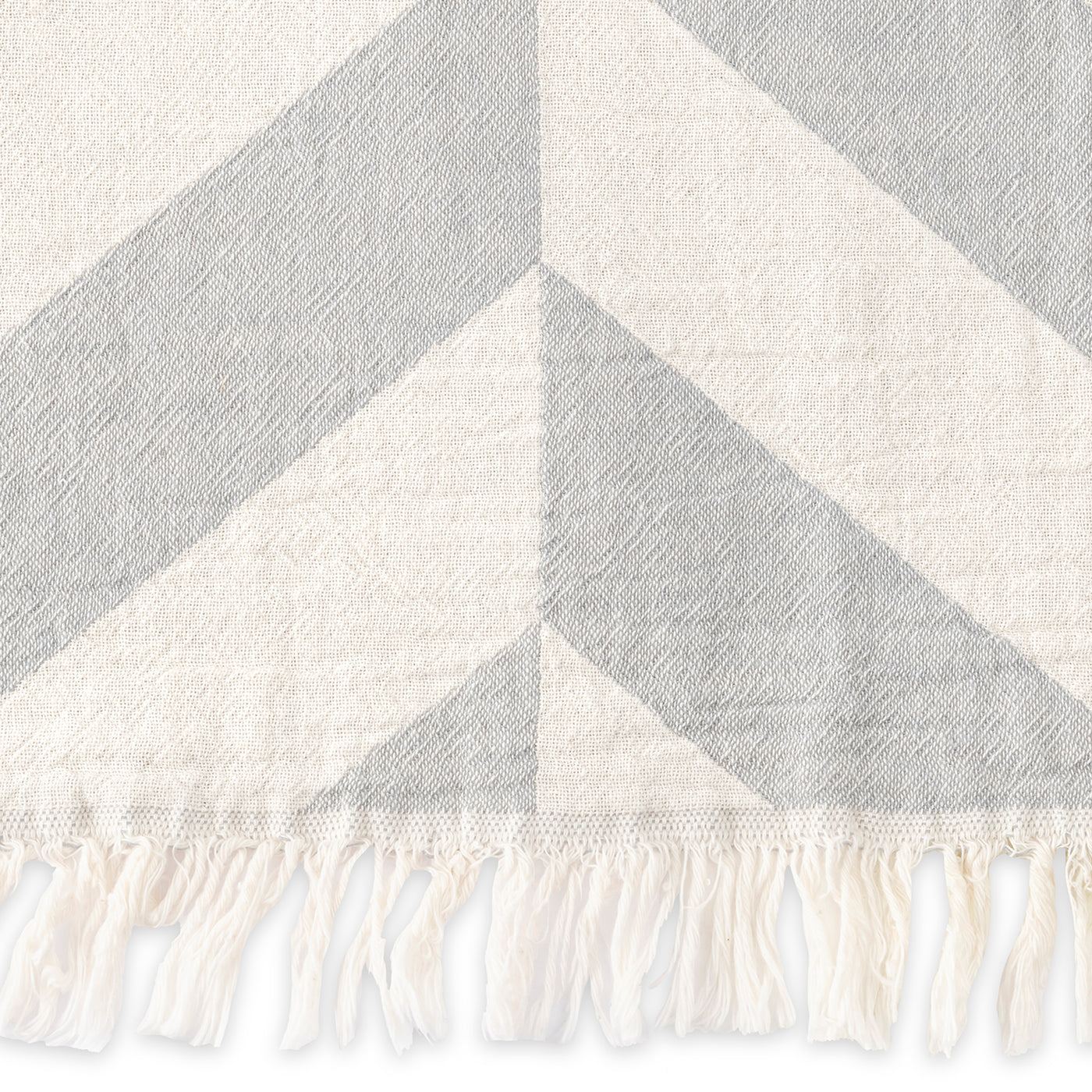 The Matouk Paros Beach Towel features a gray and white chevron design with white fringe along the bottom edge.