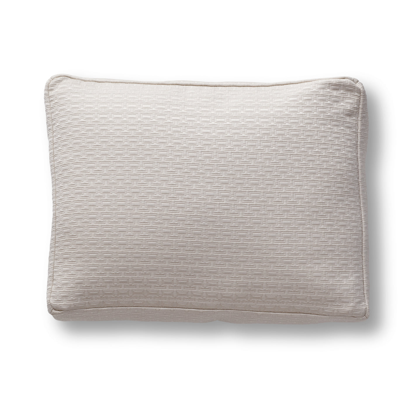 Close-up of Ann Gish Pavilion box pillow in ivory with woven basketweave texture and piped edges.