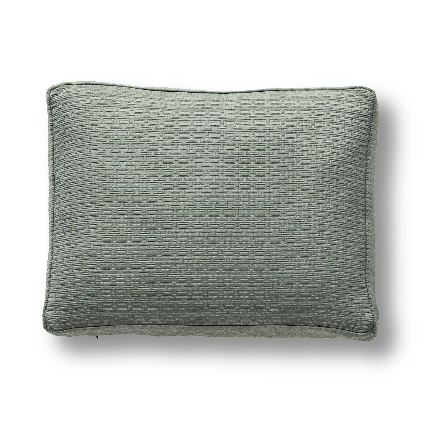 Close-up of Ann Gish Pavilion box pillow in sage with woven basket-weave texture and piped edges.