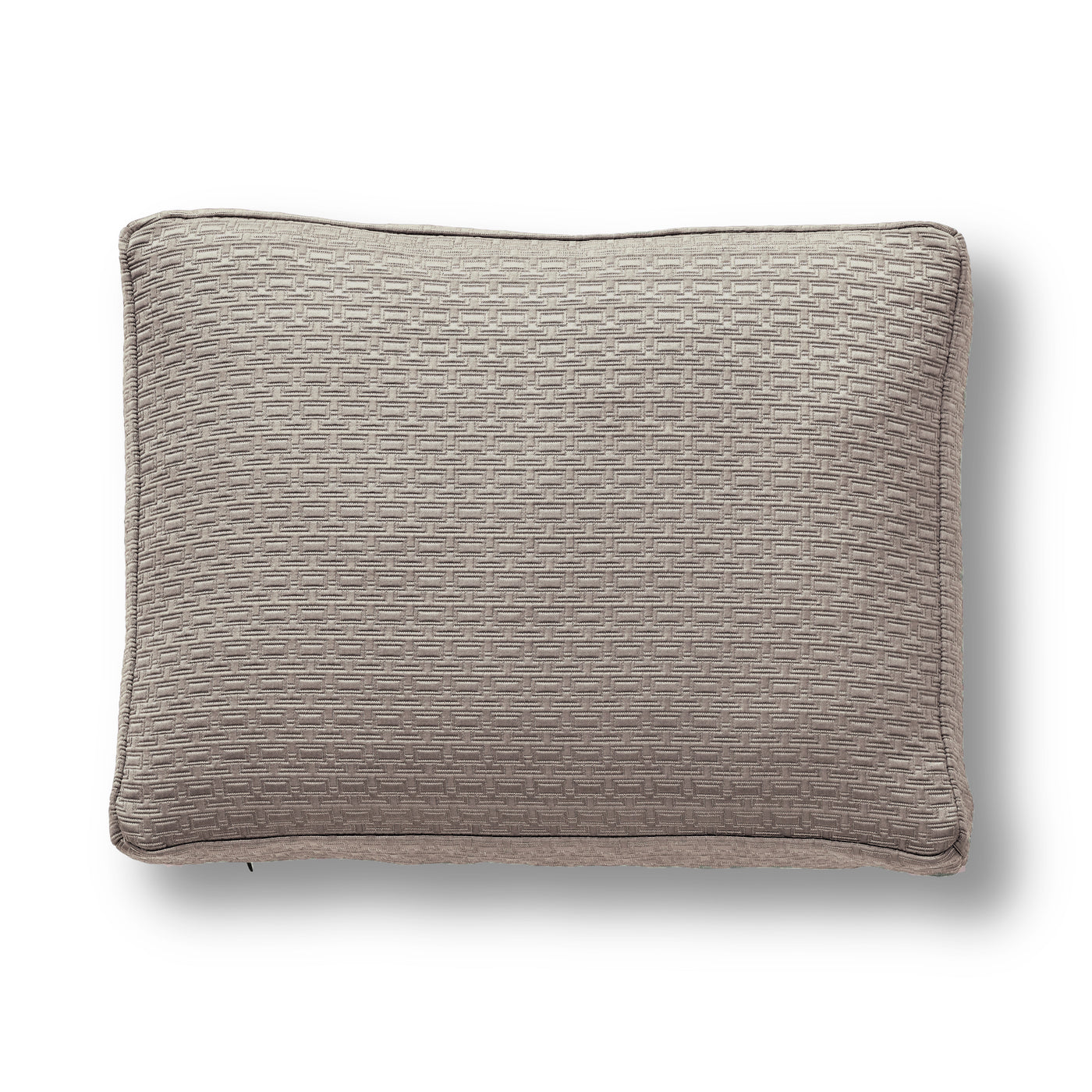 Ann Gish Pavilion box pillow in taupe with woven basketweave texture and contrast piping.
