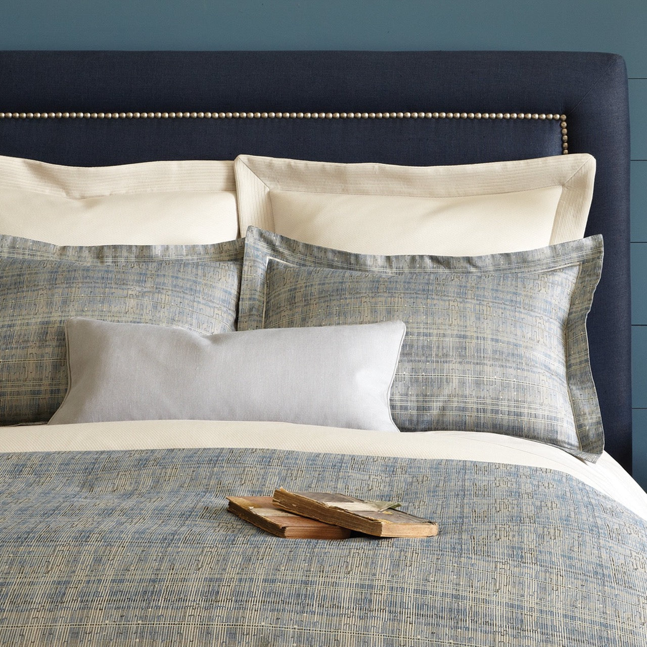 Image of Peacock Alley Biagio bedding ensemble blue.