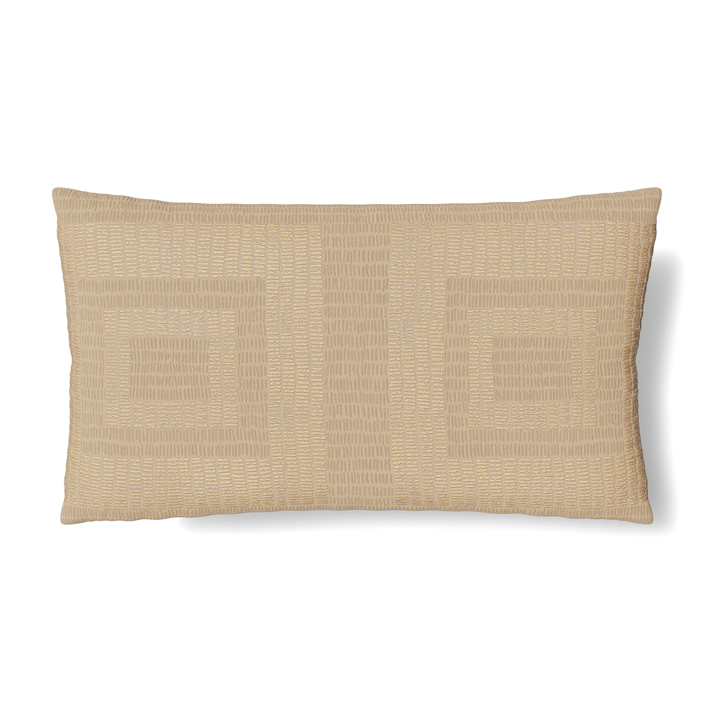 Ann Gish Piastrella lumbar pillow in champagne with geometric Greek key jacquard weave.