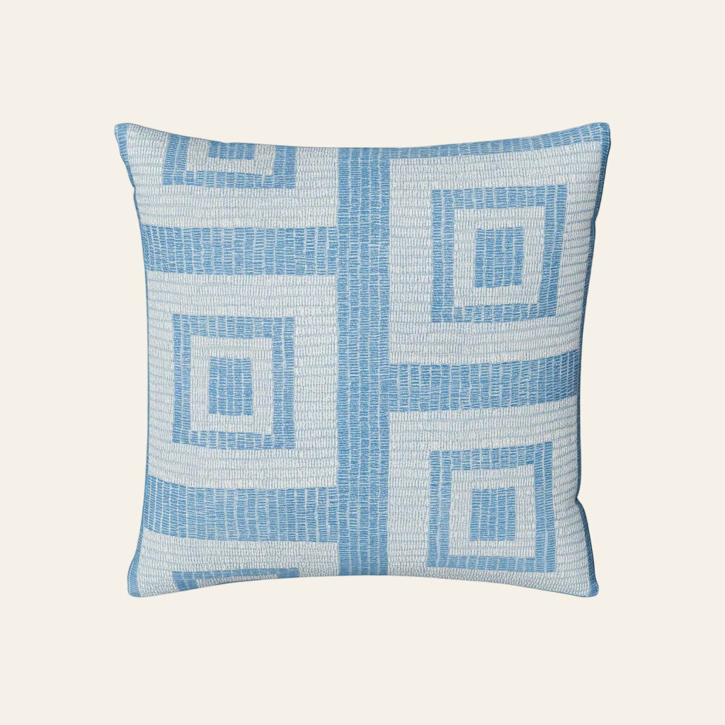 Ann Gish Piastrella sham in sky blue geometric mosaic tile embroidered pattern.