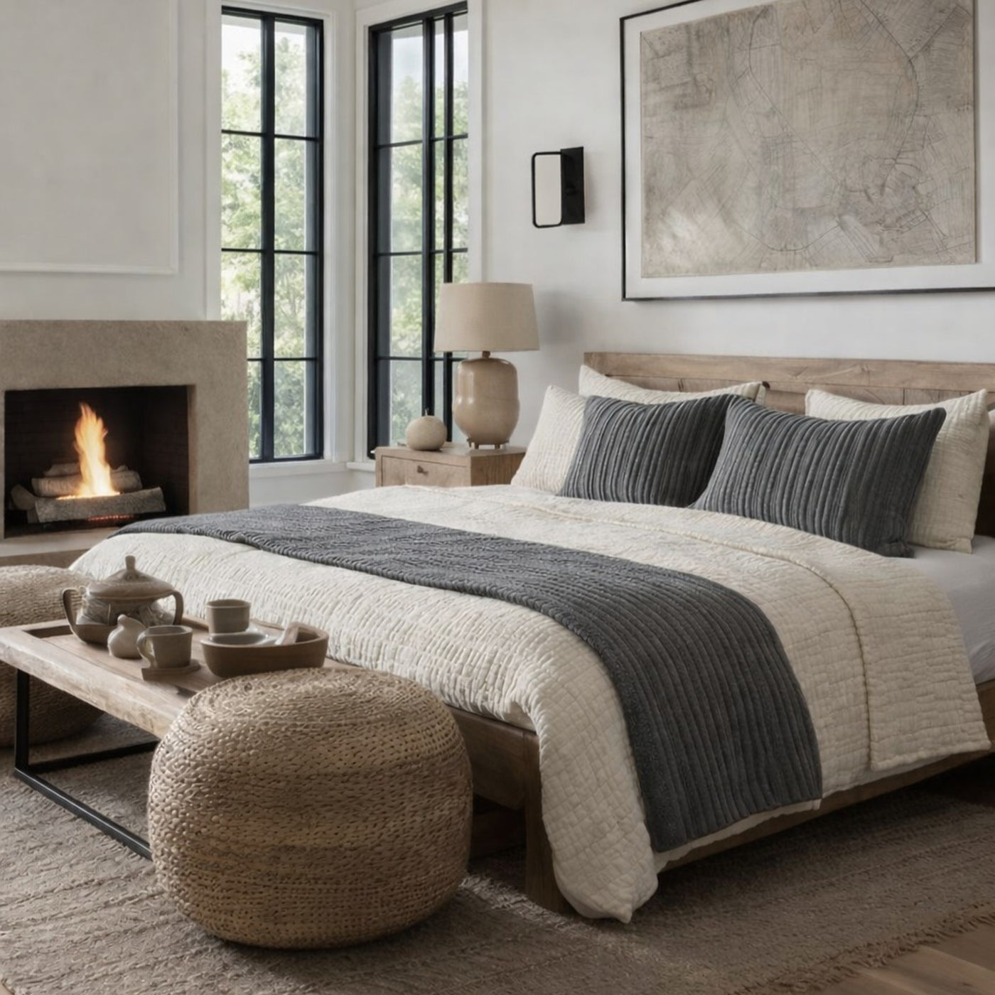 Ivory pickstitch coverlet styled on bed with charcoal lumbar pillows, fireplace, and natural accents.
