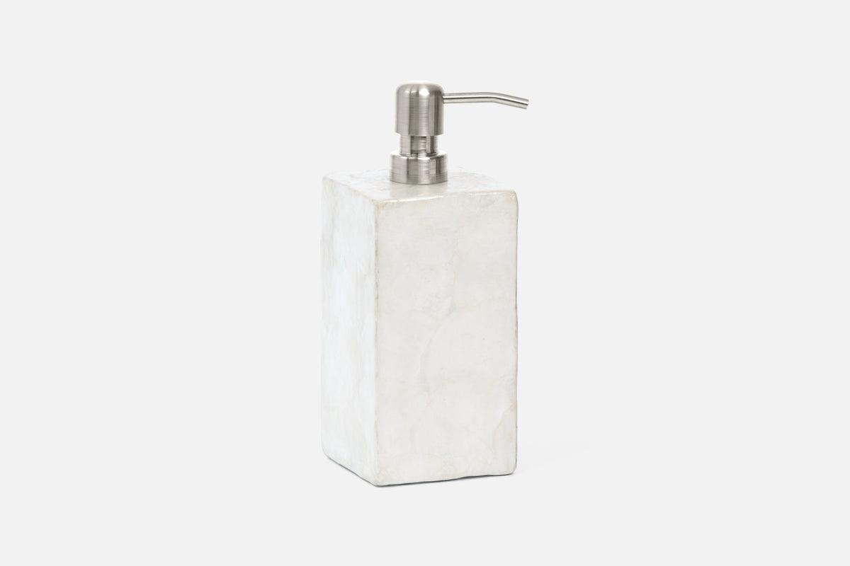 Pigeon & Poodle Andria soap pump in white marble with brushed nickel dispenser top.