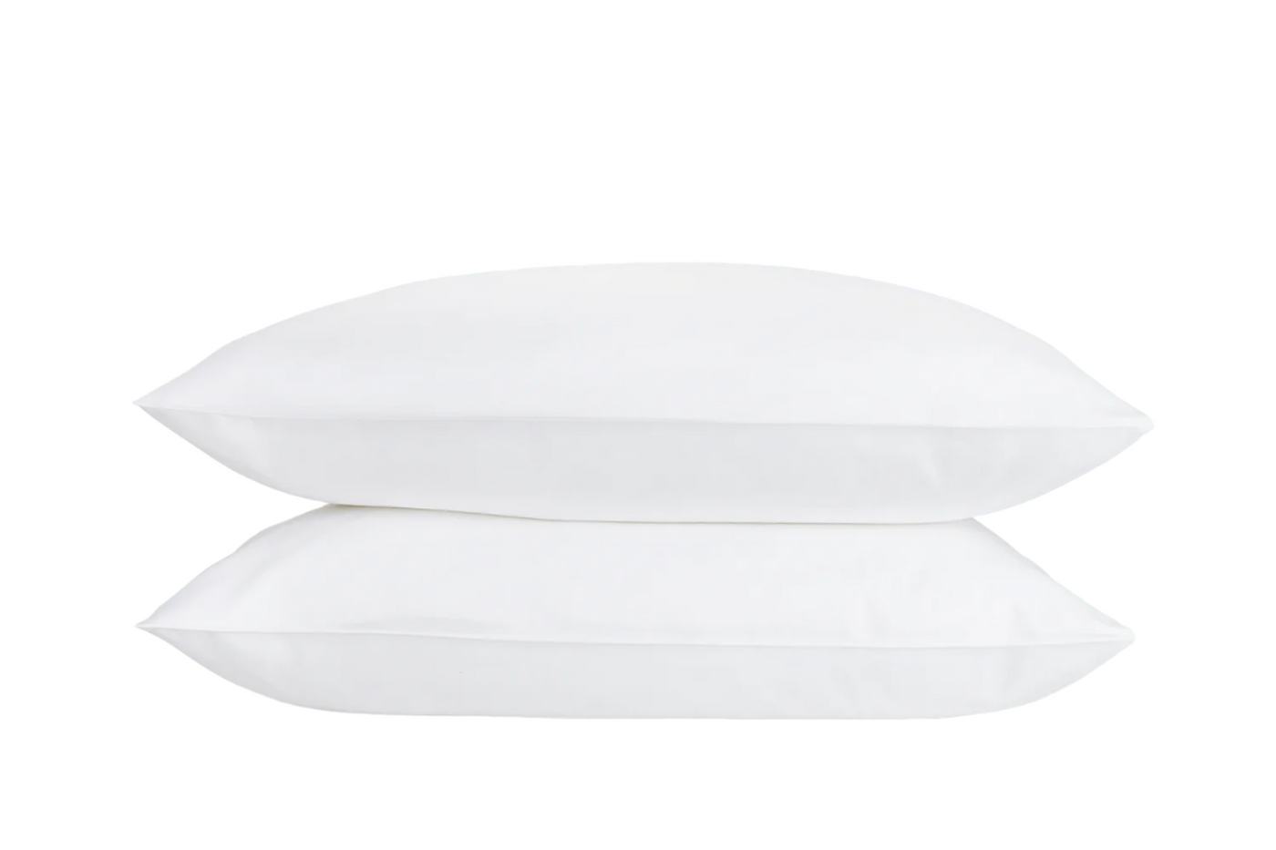 Two fluffy white pillows stacked neatly on top of each other, set against a black background. Featuring the Pillow protector by Matouk, available at Linen Society.