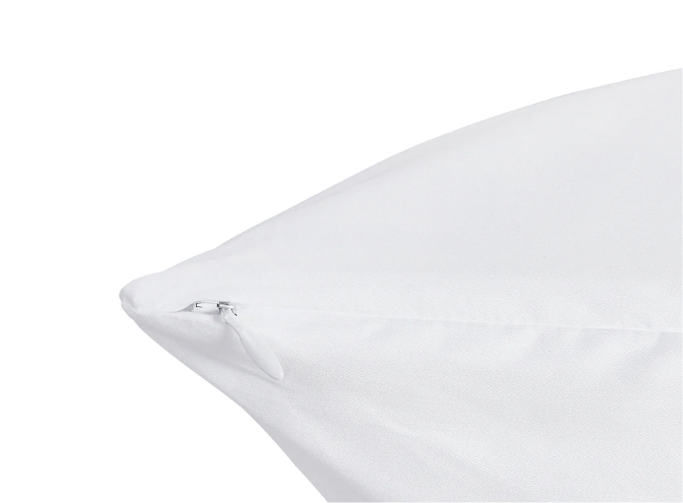 Close-up of a white pillow cover showing a zipper and smooth, clean fabric texture against a black background. Featuring the Pillow protector by Matouk, available at Linen Society.
