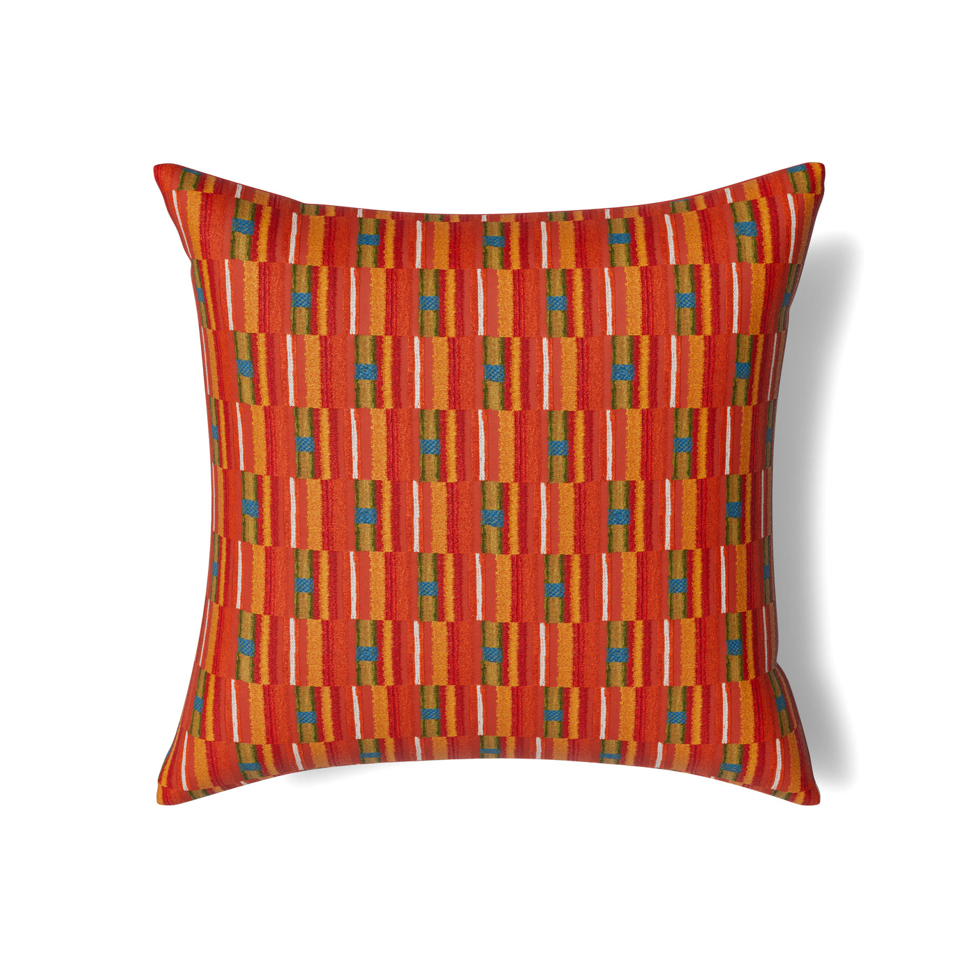 Ann Gish Pluma pillow in red with multicolor geometric woven stripe pattern.