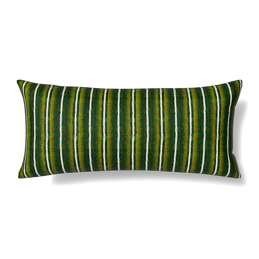 Ann Gish Pluma lumbar pillow in forest green with vertical white ikat stripes.