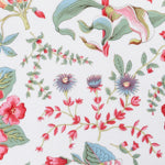 The Matouk Pomegranate Tissue Box Cover features a floral pattern with pink, red, and blue flowers and green leaves on white, inspired by Schumacher—an elegant botanical accent for your home décor.