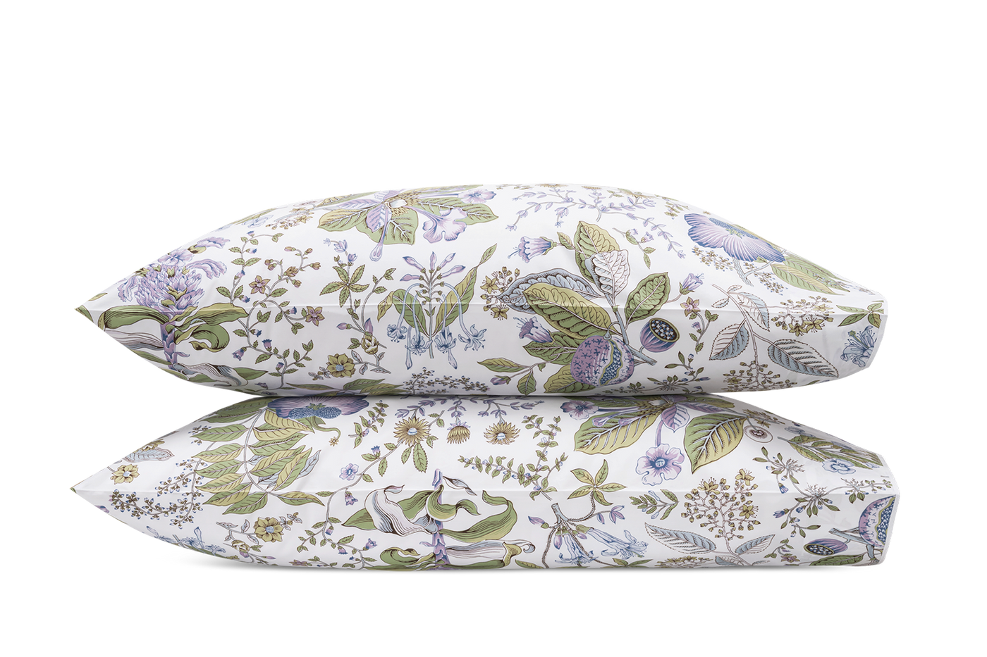 Matouk Pomegranate Schumacher pillowcase set with lavender and sage botanical print.
