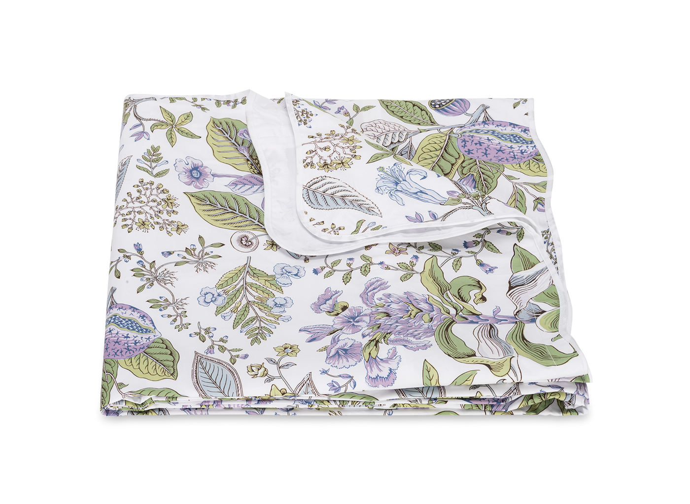 Matouk Pomegranate Schumacher duvet cover in white with lavender and green floral print.