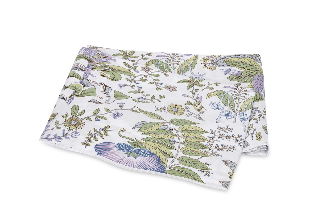 Matouk Pomegranate Schumacher flat sheet, white with green and blue botanical print.