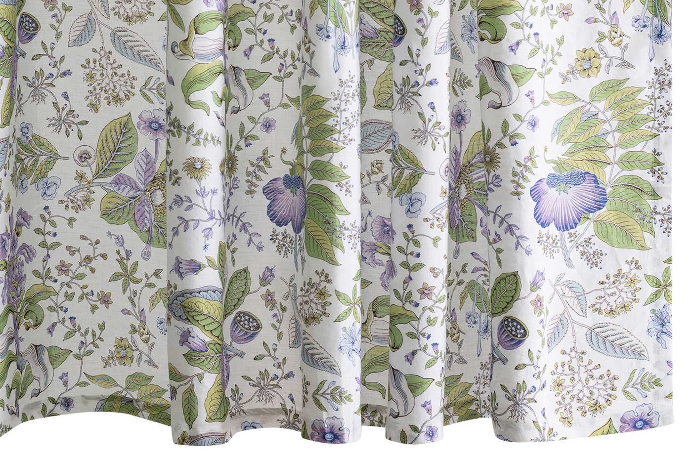 Floral and leaf patterned fabric with purple flowers and green leaves on a white background