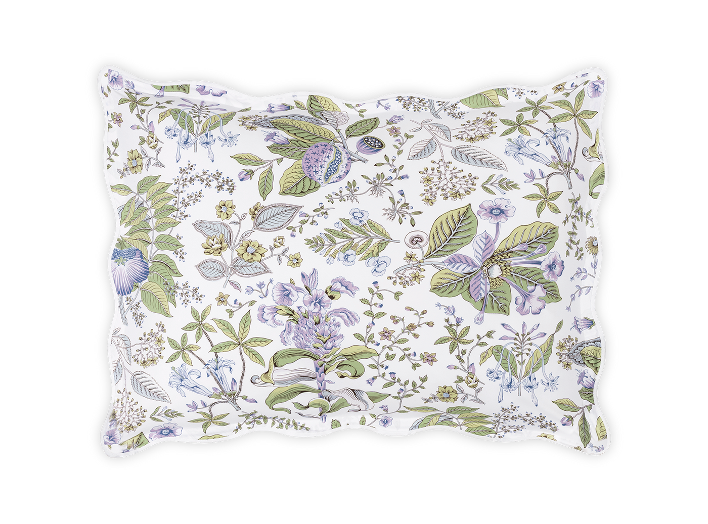 Matouk Pomegranate Schumacher pillow sham in white with lavender floral print.