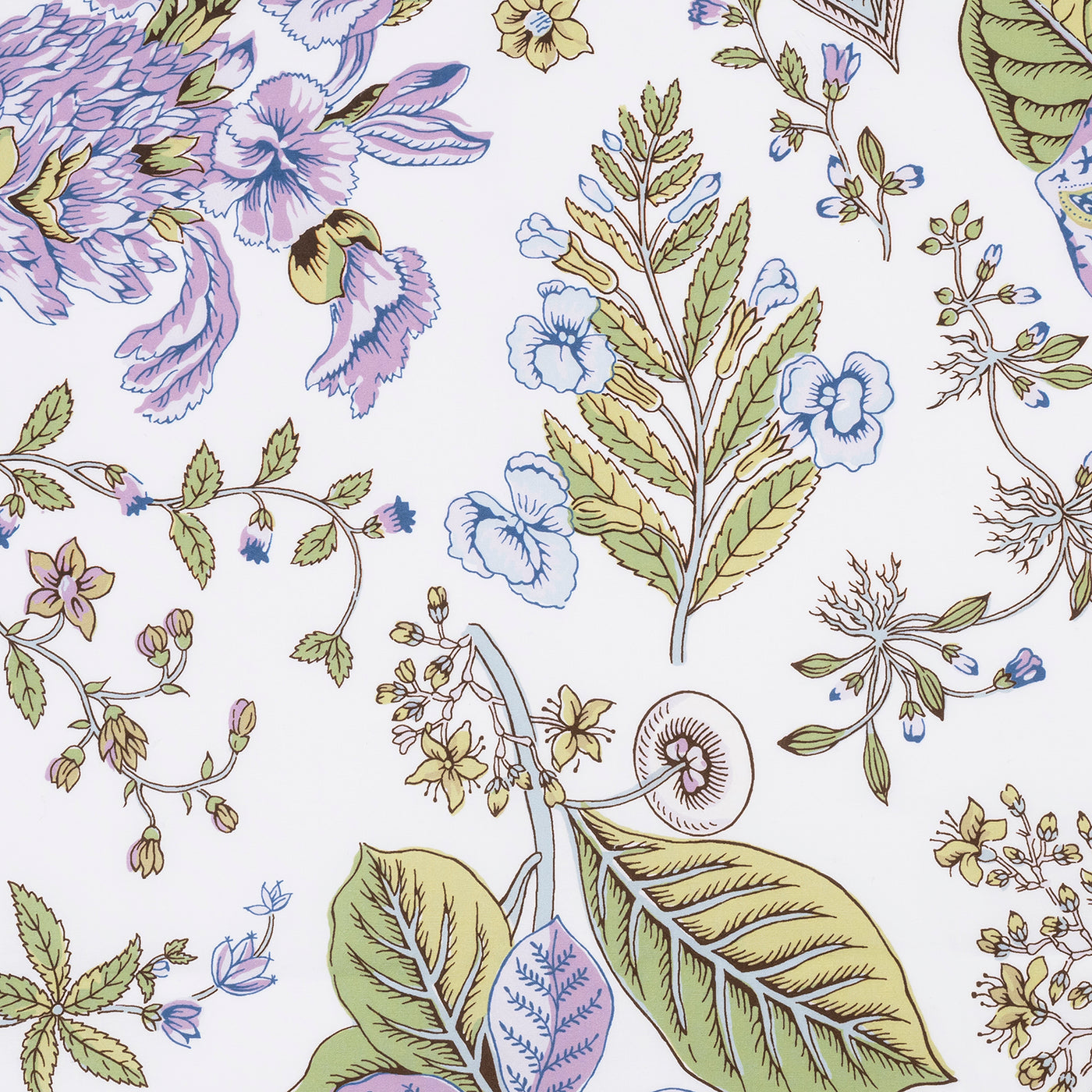 Close-up of lavender, blue, and sage green botanical print on white cotton.